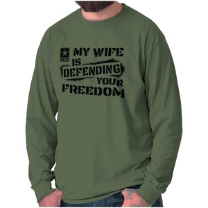 Brisco Brands US Army My Wife Defending Freedom Long Sleeve Tshirt Men Women(Military Green)