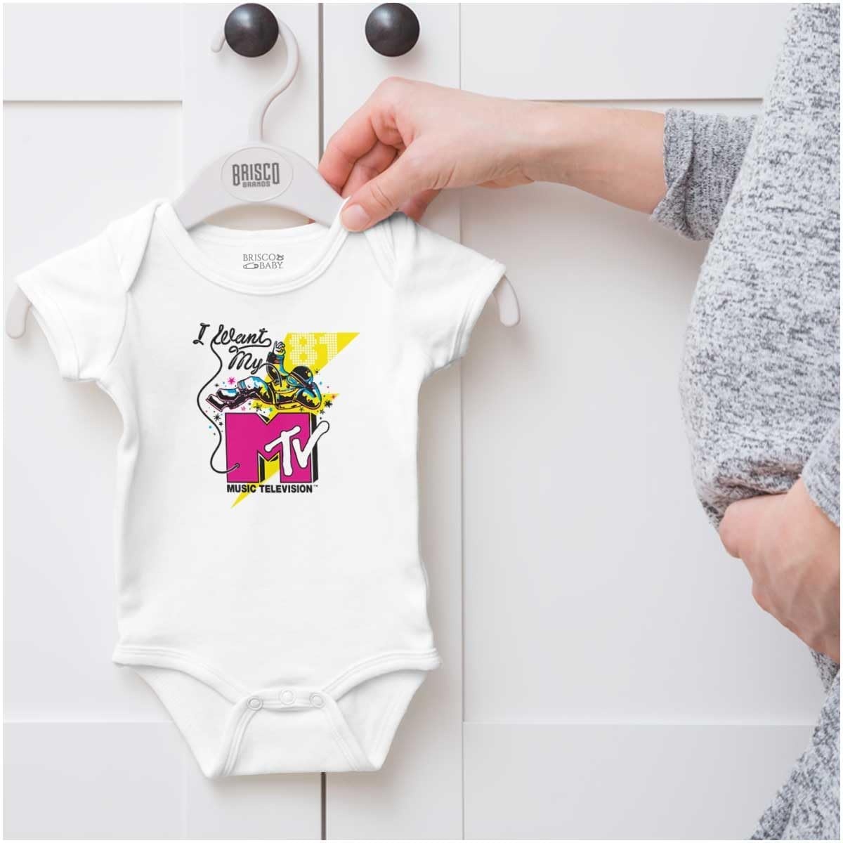 image:imageBrisco Brands Retro I Want My MTV Logo Moon Man Baby Romper Boys or GirlsWhite