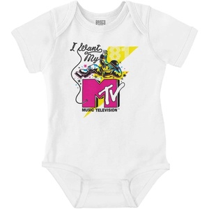 Brisco Brands Retro I Want My MTV Logo Moon Man Baby Romper Boys or Girls(White)