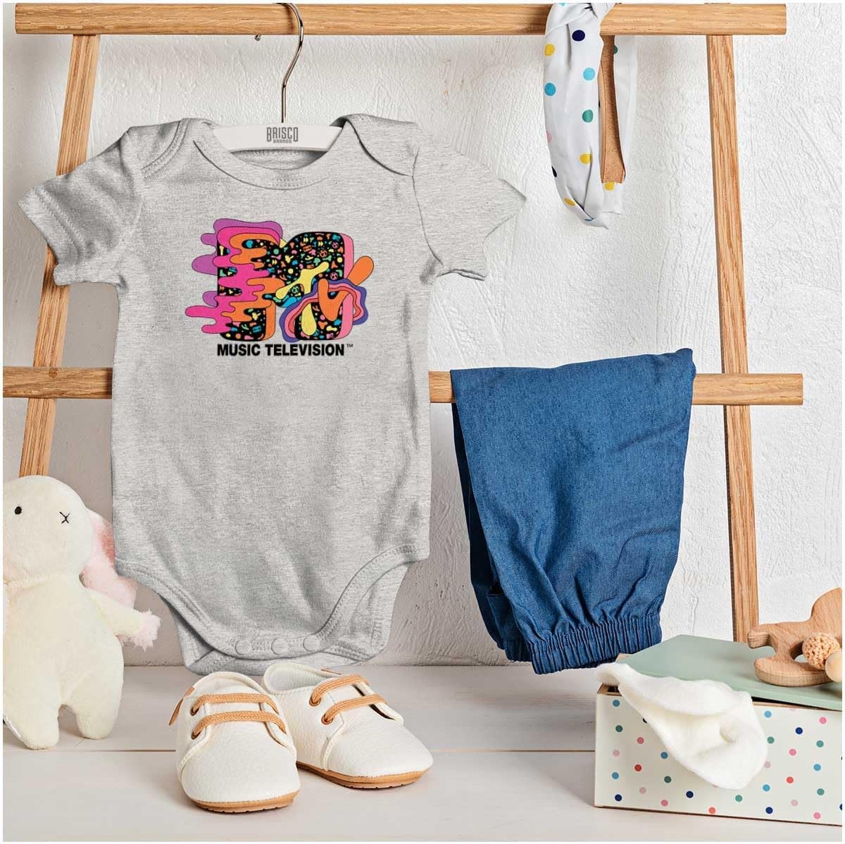 image:imageBrisco Brands Cool Retro MTV Groovy Waves Logo Baby Romper Boys or GirlsHeather