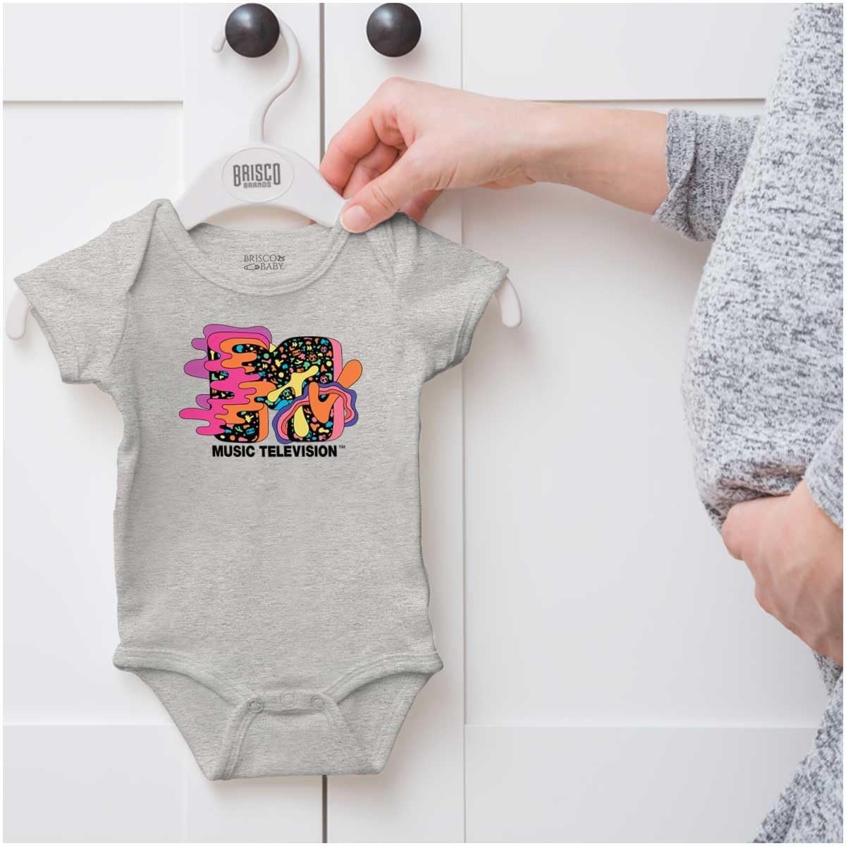 image:imageBrisco Brands Cool Retro MTV Groovy Waves Logo Baby Romper Boys or GirlsHeather