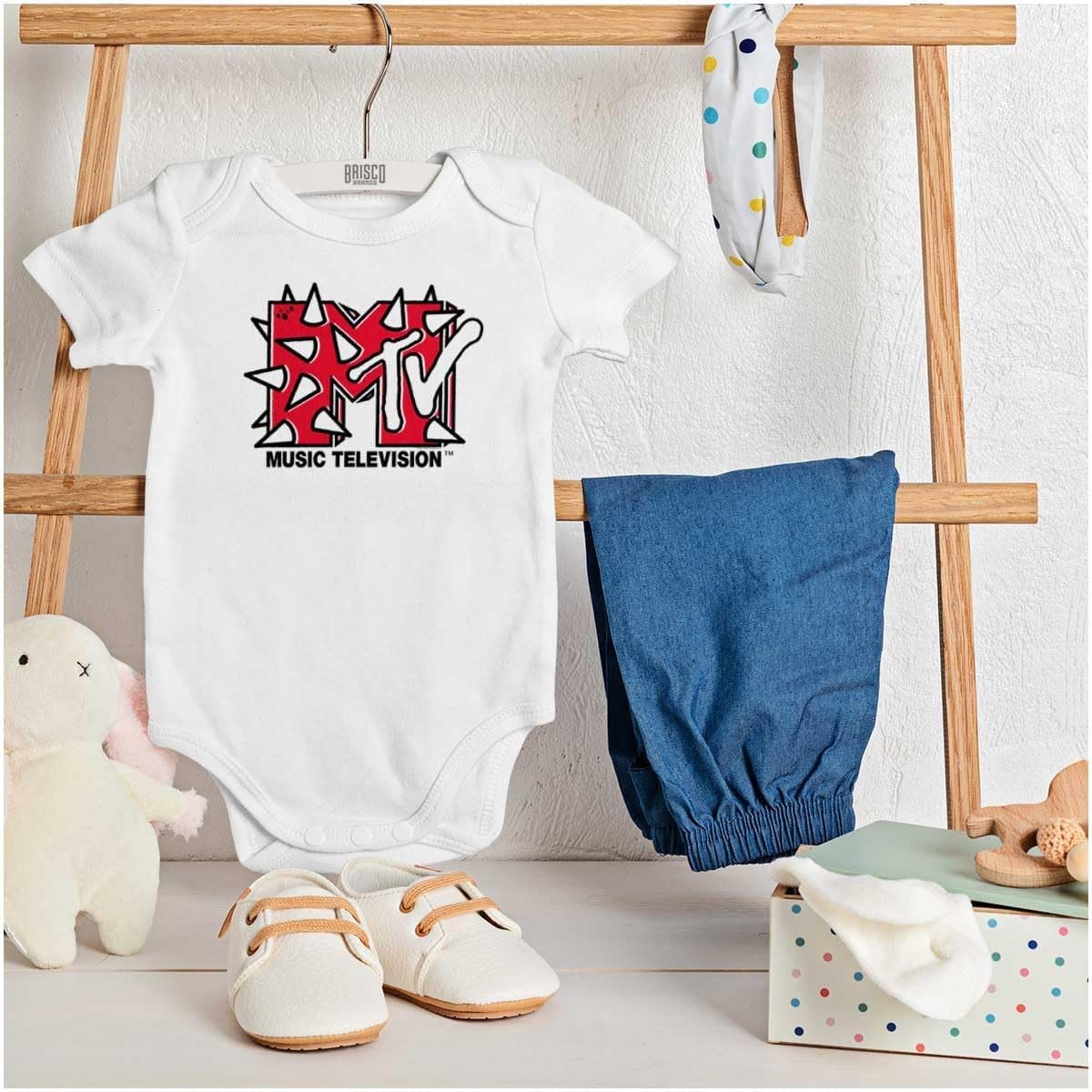 image:imageBrisco Brands Cool Retro MTV Punk Spikes Logo Baby Romper Boys or GirlsWhite