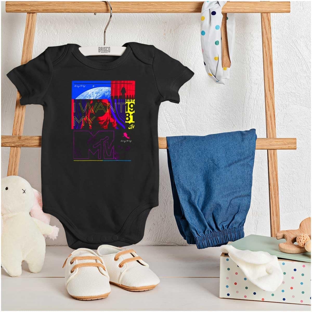 image:imageBrisco Brands Retro I Want My MTV Moon Man Logo Baby Romper Boys or GirlsBlack