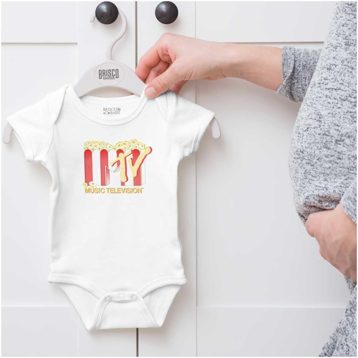 image:imageBrisco Brands Retro MTV Buttered Popcorn Logo Baby Romper Boys or GirlsWhite