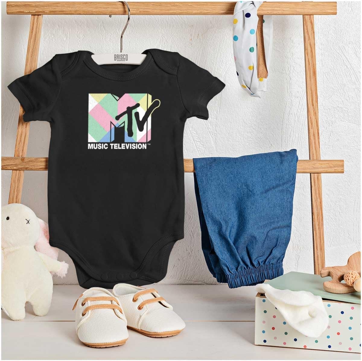 image:imageBrisco Brands Retro MTV Colorful Blocks Logo Baby Romper Boys or GirlsBlack