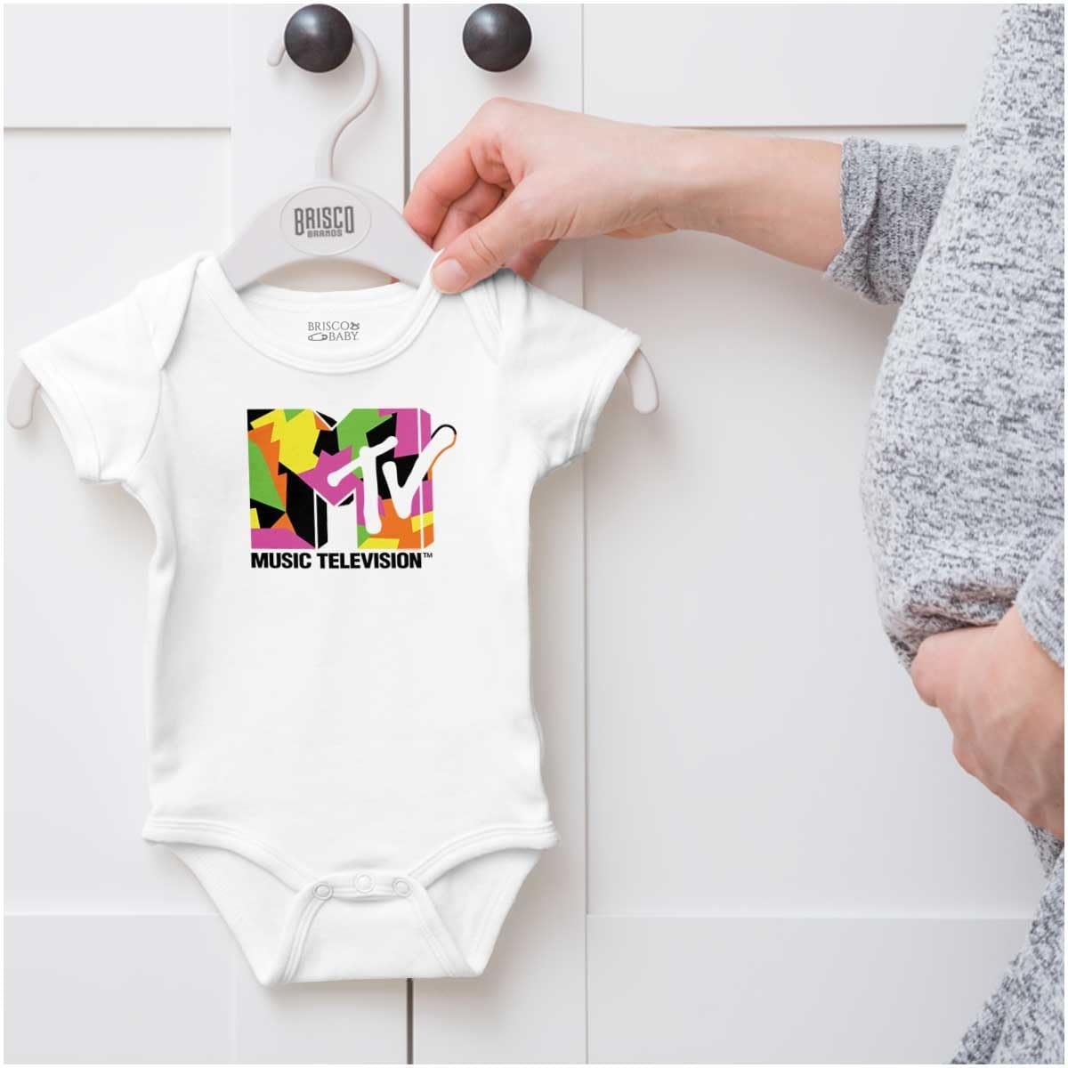 image:imageBrisco Brands Retro MTV Colorful Shapes Logo Baby Romper Boys or GirlsWhite
