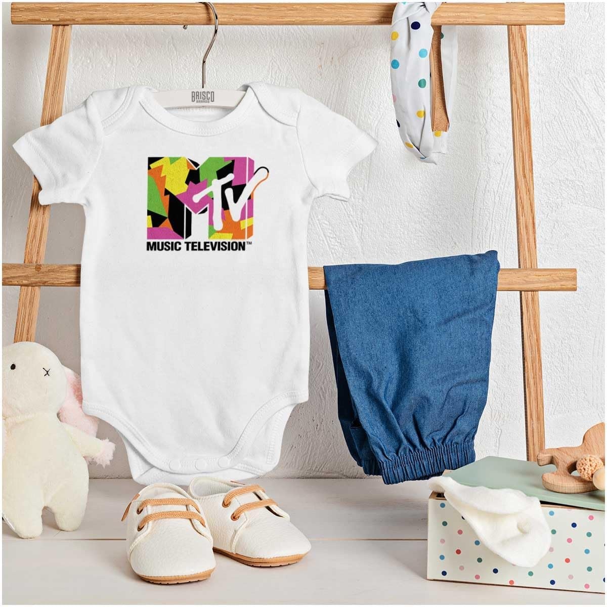 image:imageBrisco Brands Retro MTV Colorful Shapes Logo Baby Romper Boys or GirlsWhite
