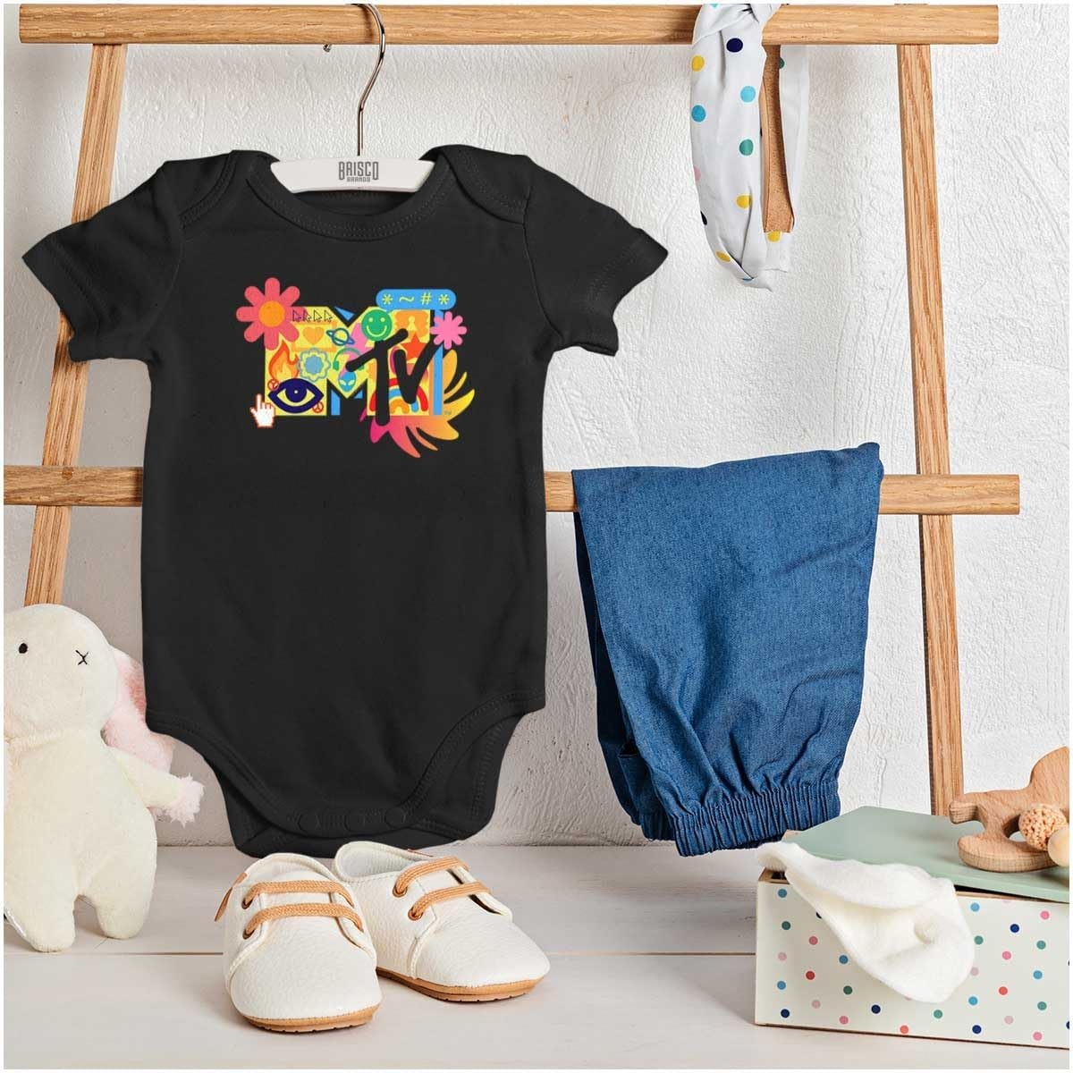 image:imageBrisco Brands Retro MTV Computer Emoticons Logo Baby Romper Boys or GirlsBlack
