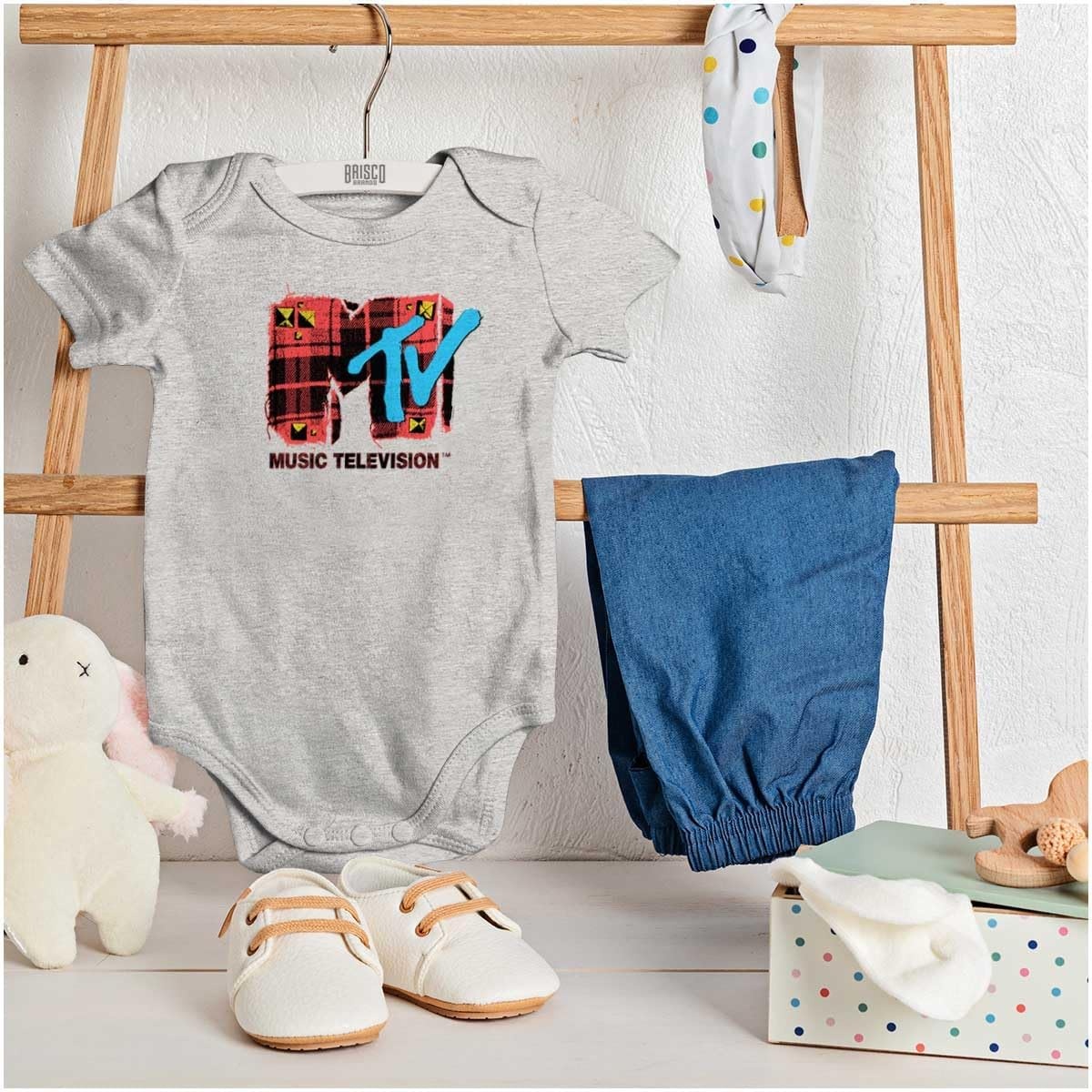 image:imageBrisco Brands Retro MTV Distressed Plaid Logo Baby Romper Boys or GirlsHeather