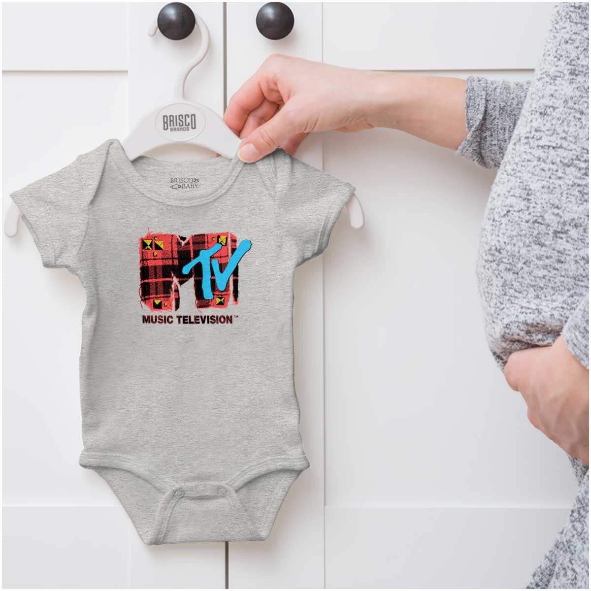 image:imageBrisco Brands Retro MTV Distressed Plaid Logo Baby Romper Boys or GirlsHeather