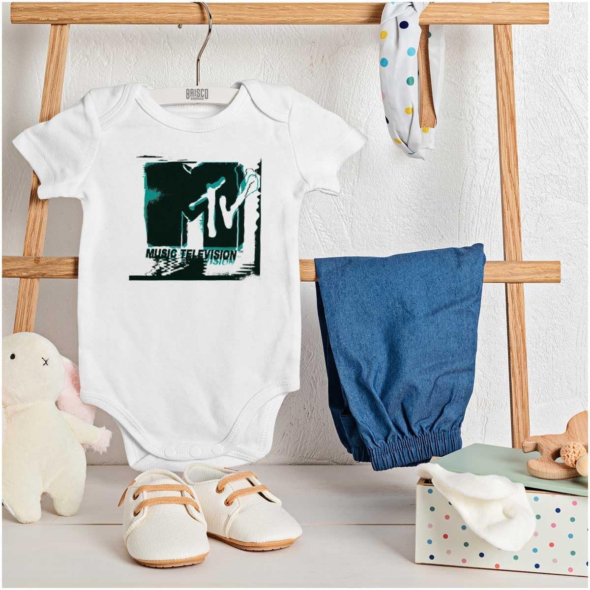 image:imageBrisco Brands Retro MTV Electric Static Logo Baby Romper Boys or GirlsWhite