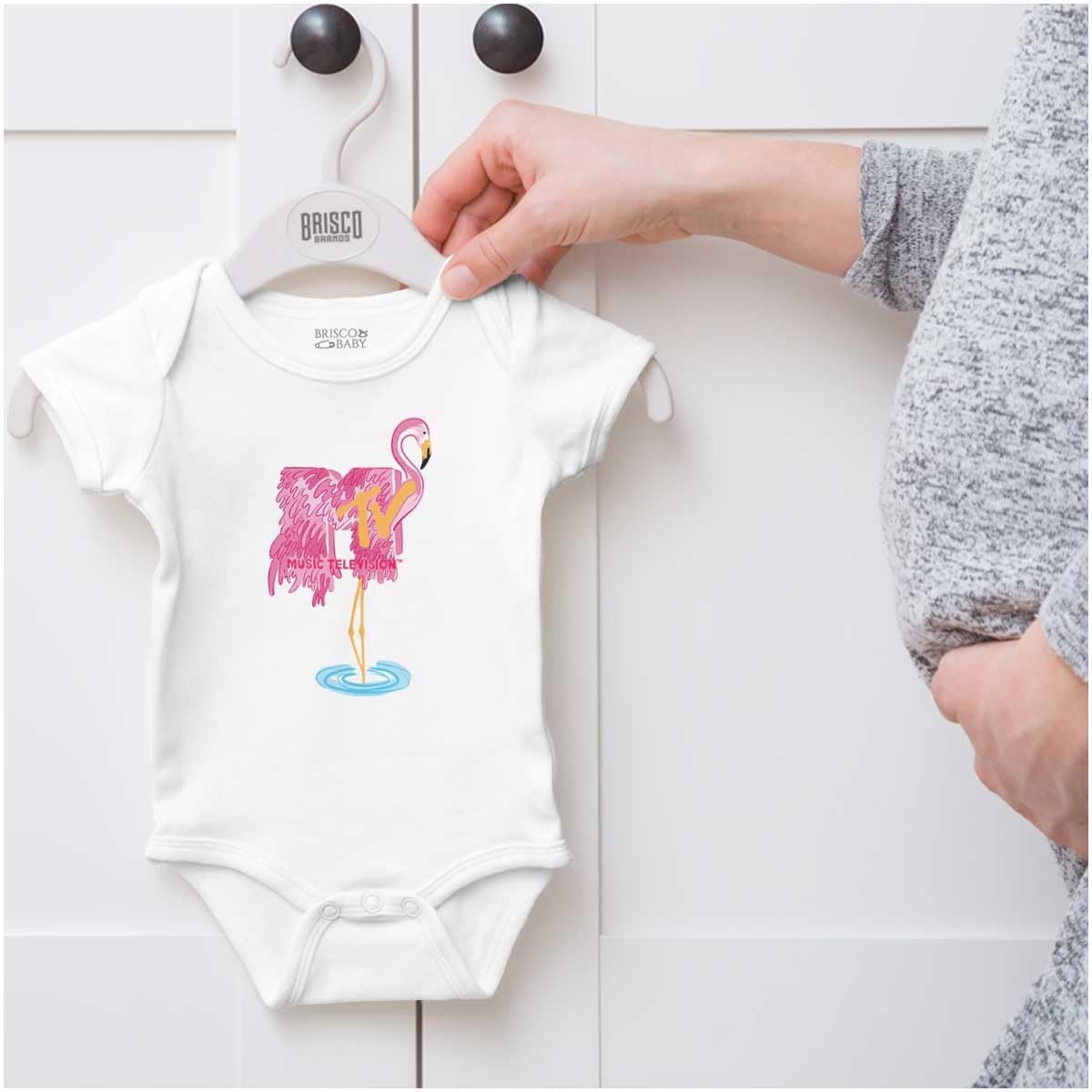 image:imageBrisco Brands Retro MTV Fluffy Flamingo Logo Baby Romper Boys or GirlsWhite