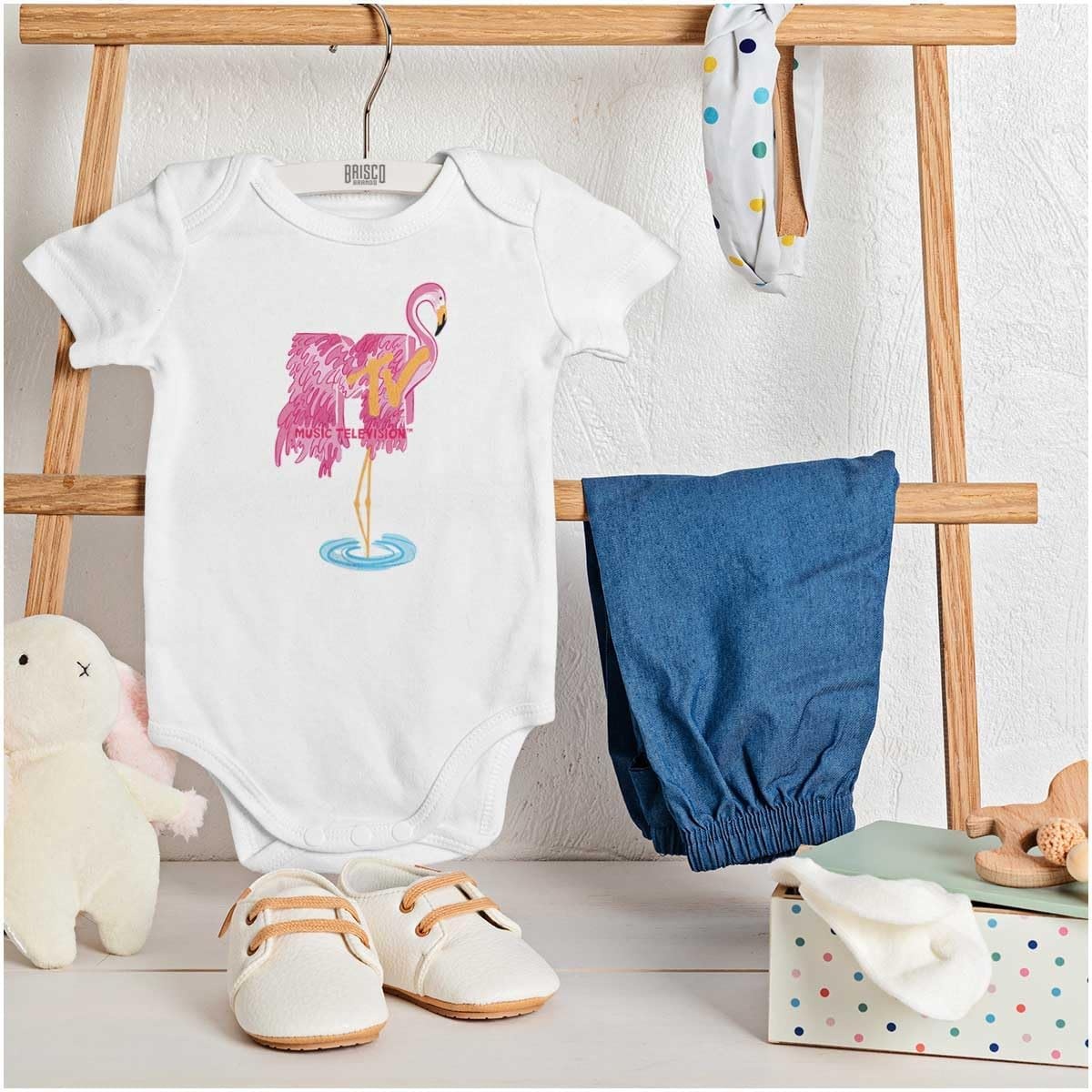image:imageBrisco Brands Retro MTV Fluffy Flamingo Logo Baby Romper Boys or GirlsWhite