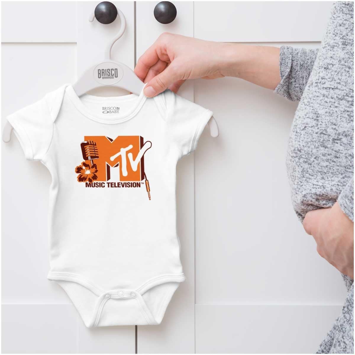 image:imageBrisco Brands Retro MTV Microphone Flower Logo Baby Romper Boys or GirlsWhite