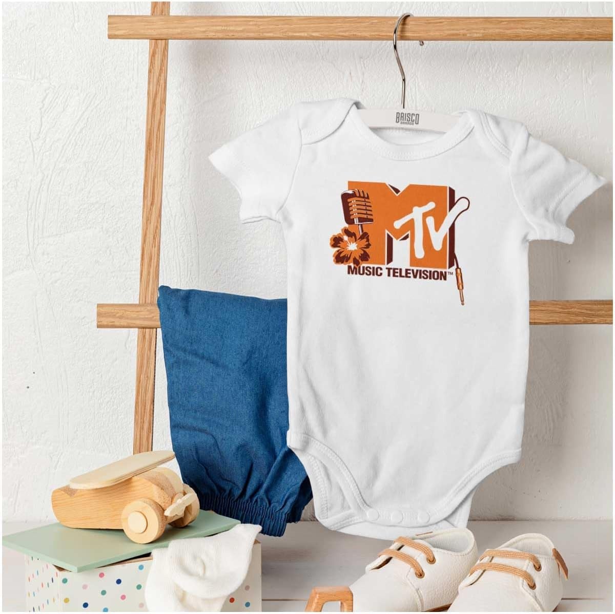 image:imageBrisco Brands Retro MTV Microphone Flower Logo Baby Romper Boys or GirlsWhite