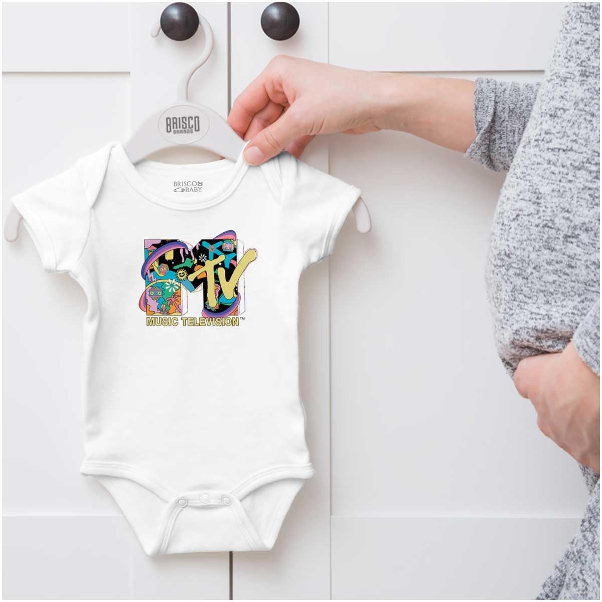 image:imageBrisco Brands Retro MTV Rainbow Collage Logo Baby Romper Boys or GirlsWhite