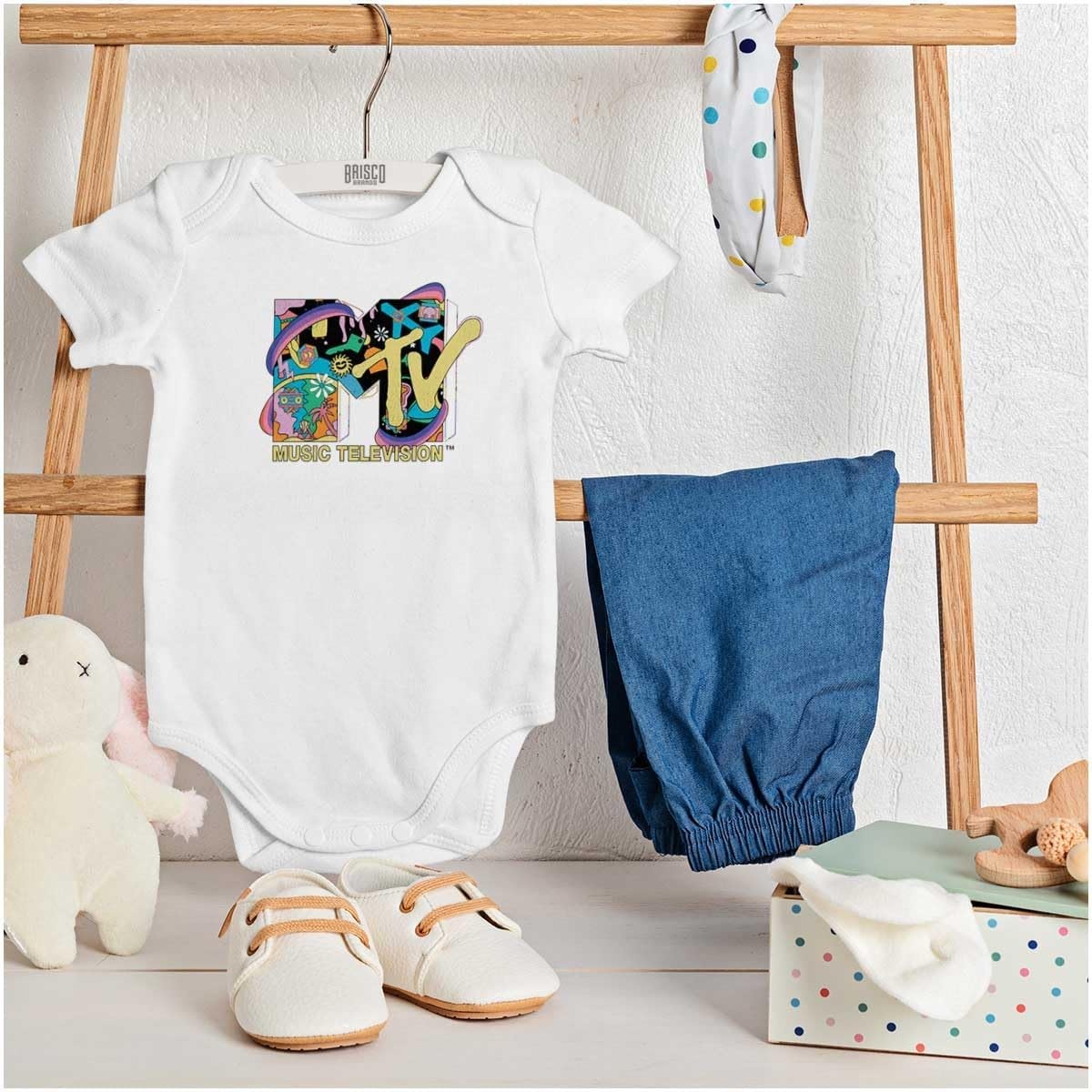 image:imageBrisco Brands Retro MTV Rainbow Collage Logo Baby Romper Boys or GirlsWhite