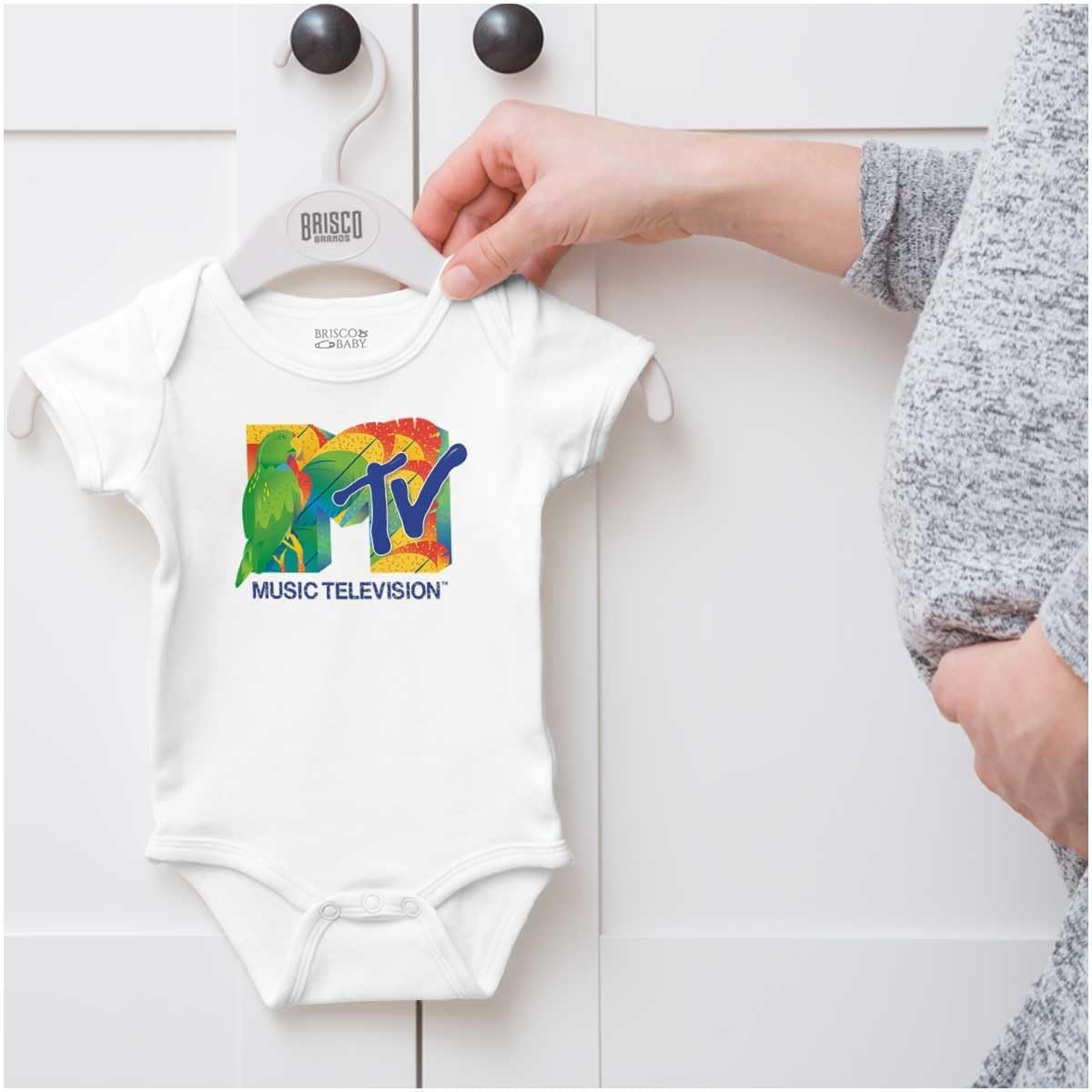 image:imageBrisco Brands Retro MTV Tropical Parrot Logo Baby Romper Boys or GirlsWhite