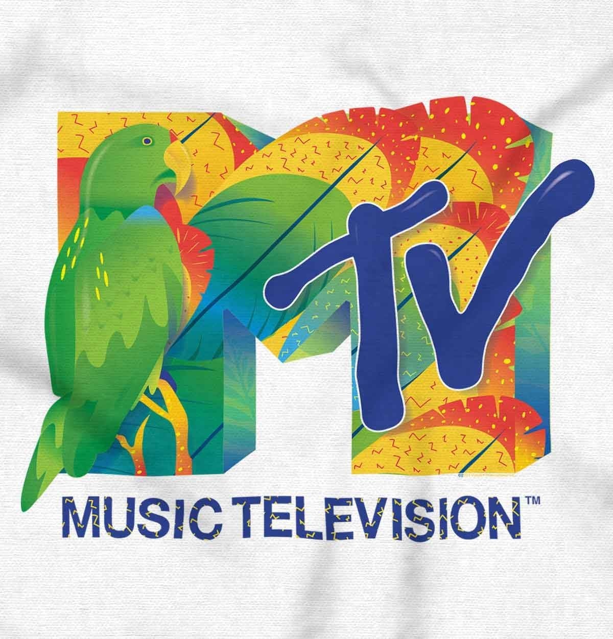 image:imageBrisco Brands Retro MTV Tropical Parrot Logo Baby Romper Boys or GirlsWhite