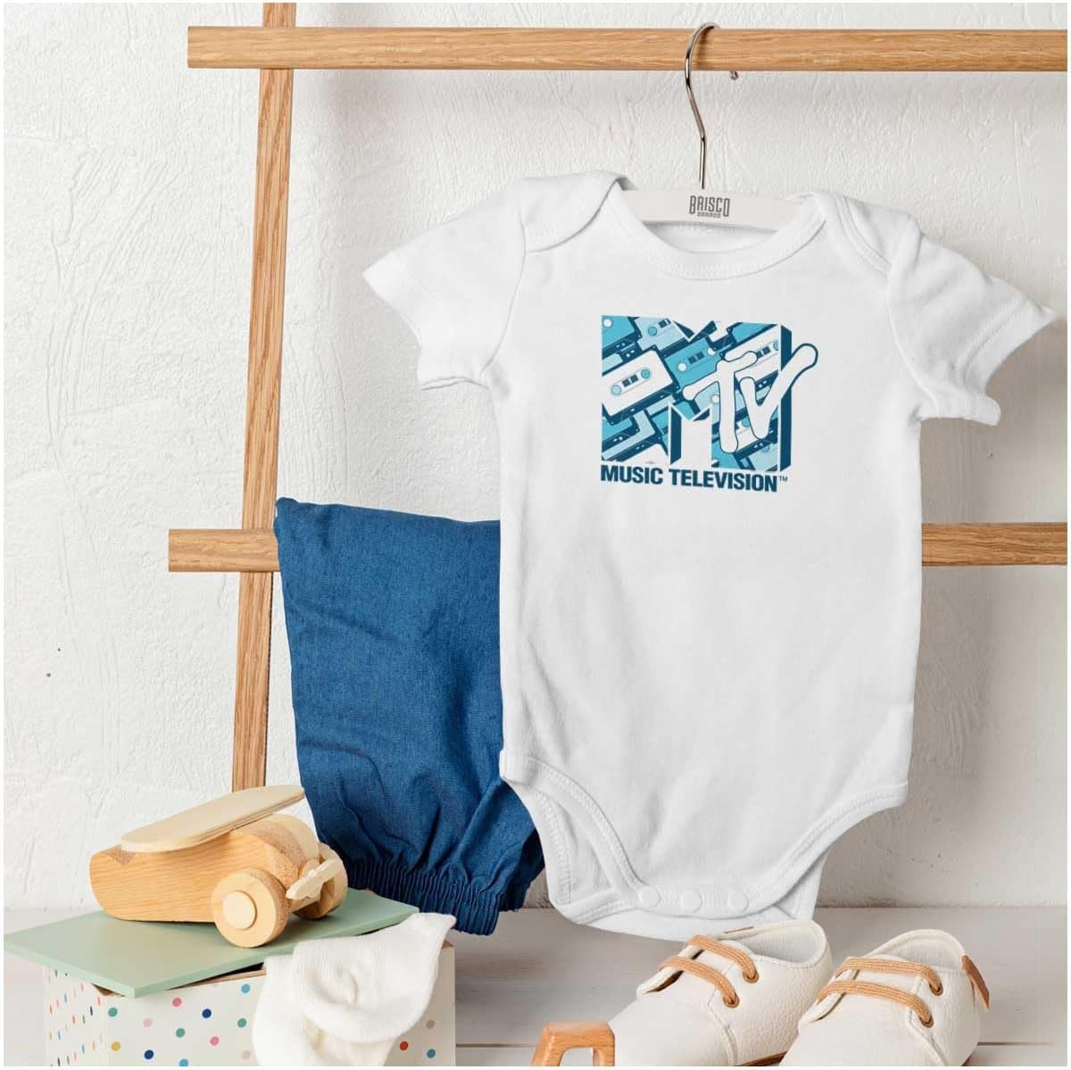 image:imageBrisco Brands Retro MTV Vintage Cassettes Logo Baby Romper Boys or GirlsWhite