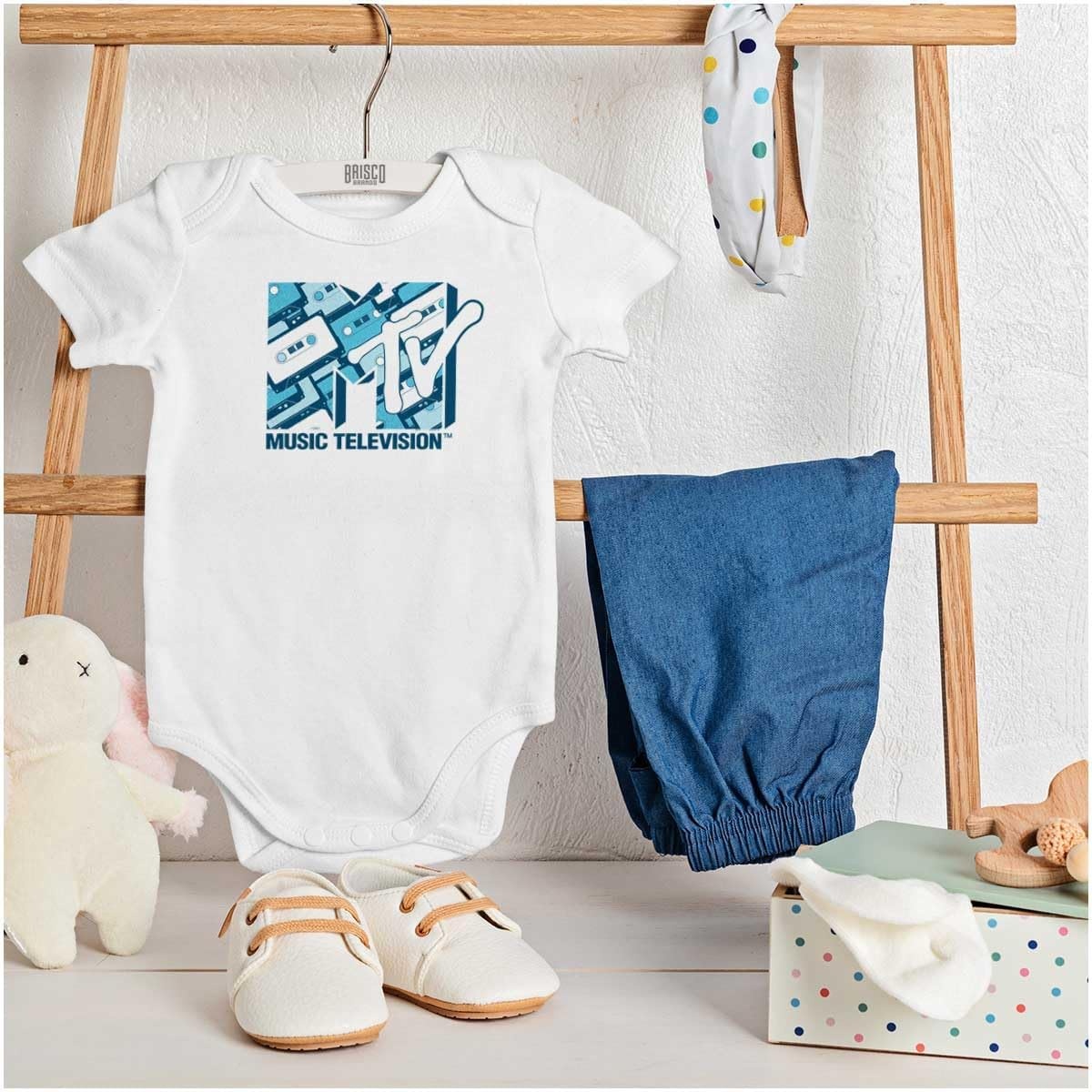 image:imageBrisco Brands Retro MTV Vintage Cassettes Logo Baby Romper Boys or GirlsWhite
