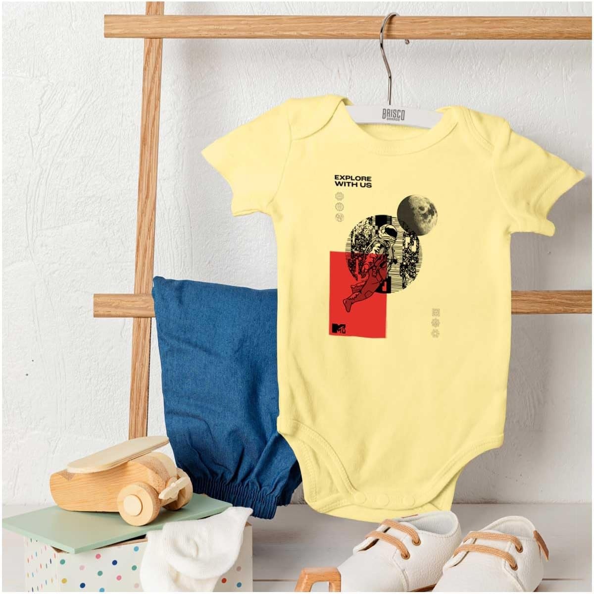 image:imageBrisco Brands Vintage MTV Moon Man Explore With Us Baby Romper Boys or GirlsBanana