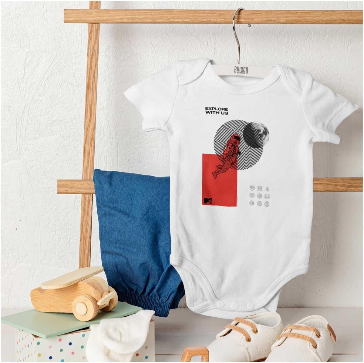 image:imageBrisco Brands Vintage MTV Moon Man Explore With Us Baby Romper Boys or GirlsWhite