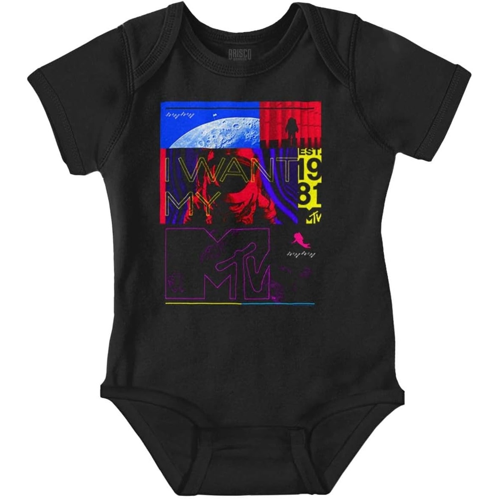 image:imageBrisco Brands Retro I Want My MTV Moon Man Logo Baby Romper Boys or GirlsBlack