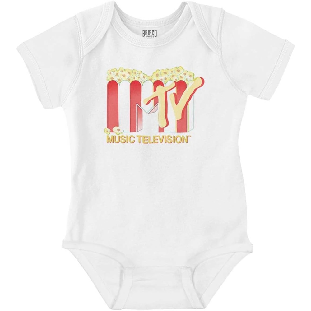 image:imageBrisco Brands Retro MTV Buttered Popcorn Logo Baby Romper Boys or GirlsWhite