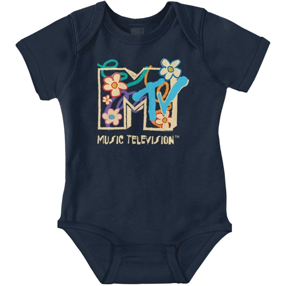 image:imageBrisco Brands Retro MTV Colorful Flowers Logo Baby Romper Boys or GirlsNavy