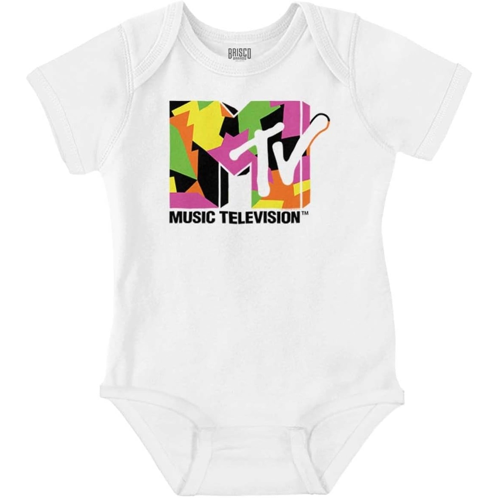 image:imageBrisco Brands Retro MTV Colorful Shapes Logo Baby Romper Boys or GirlsWhite