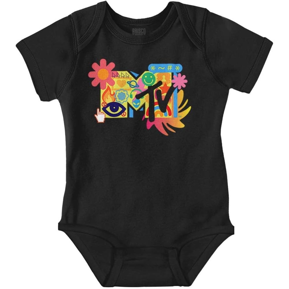 image:imageBrisco Brands Retro MTV Computer Emoticons Logo Baby Romper Boys or GirlsBlack
