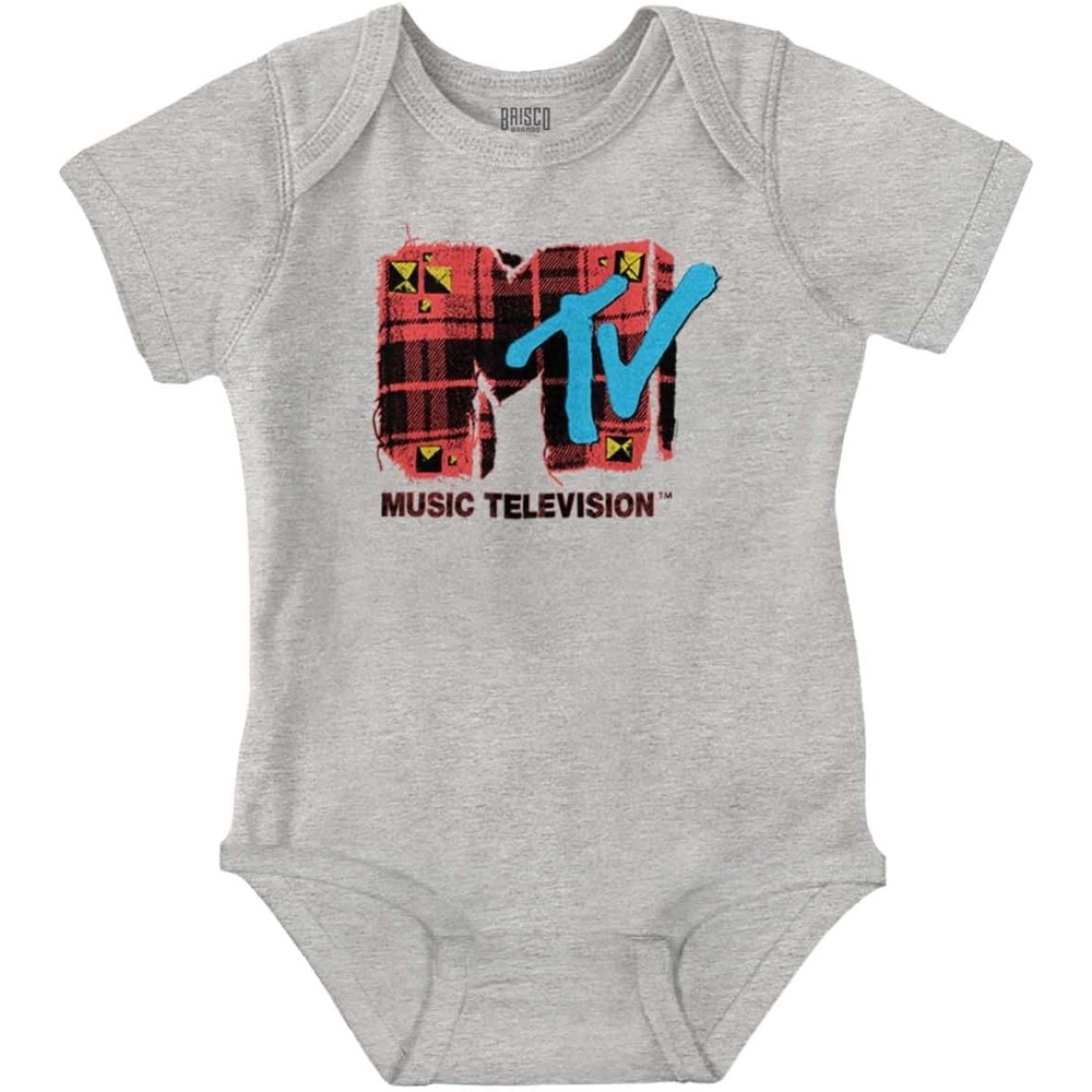 image:imageBrisco Brands Retro MTV Distressed Plaid Logo Baby Romper Boys or GirlsHeather