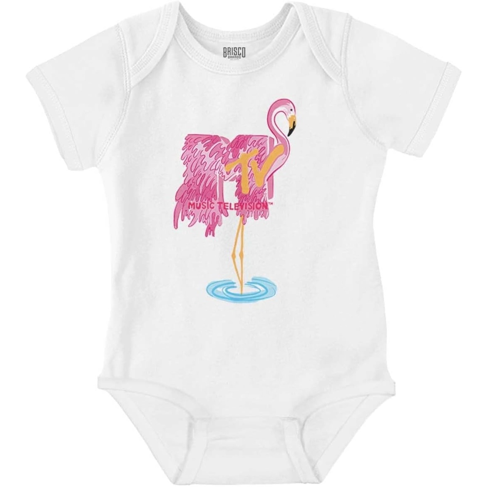 image:imageBrisco Brands Retro MTV Fluffy Flamingo Logo Baby Romper Boys or GirlsWhite