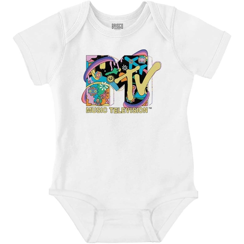 image:imageBrisco Brands Retro MTV Rainbow Collage Logo Baby Romper Boys or GirlsWhite