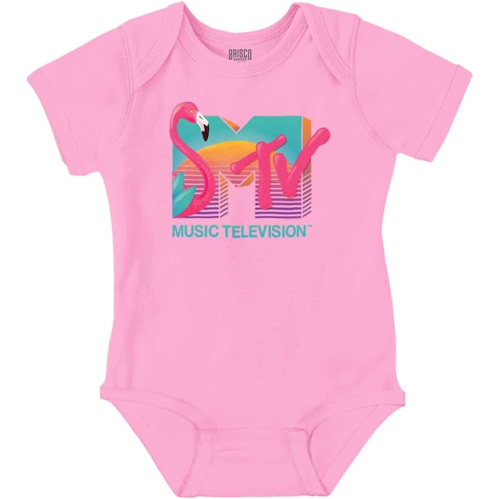 image:imageBrisco Brands Retro MTV Sunset Flamingo Logo Baby Romper Boys or GirlsPink