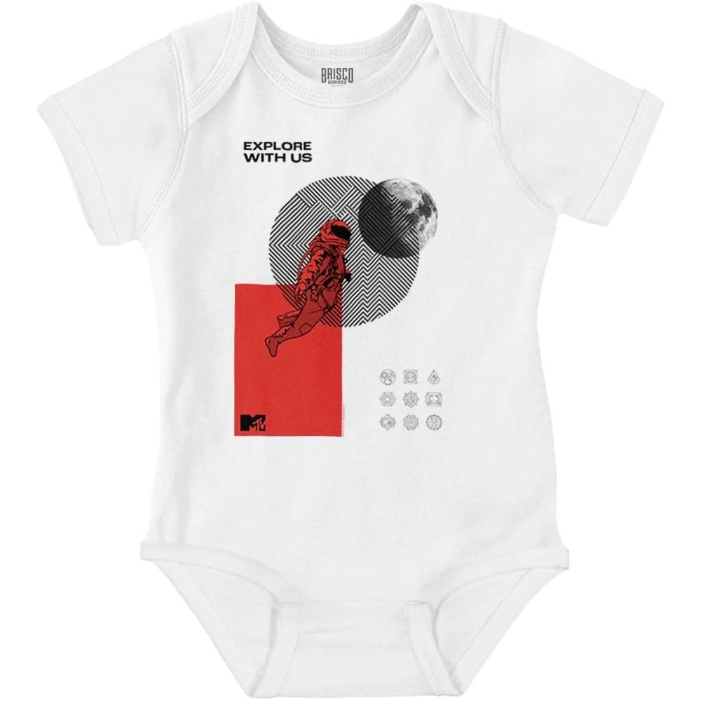 image:imageBrisco Brands Vintage MTV Moon Man Explore With Us Baby Romper Boys or GirlsWhite