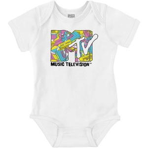 Brisco Brands Retro 80s MTV Music Treasure Logo Baby Romper Boys or Girls(White)
