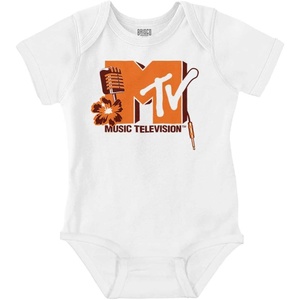 Brisco Brands Retro MTV Microphone Flower Logo Baby Romper Boys or Girls(White)