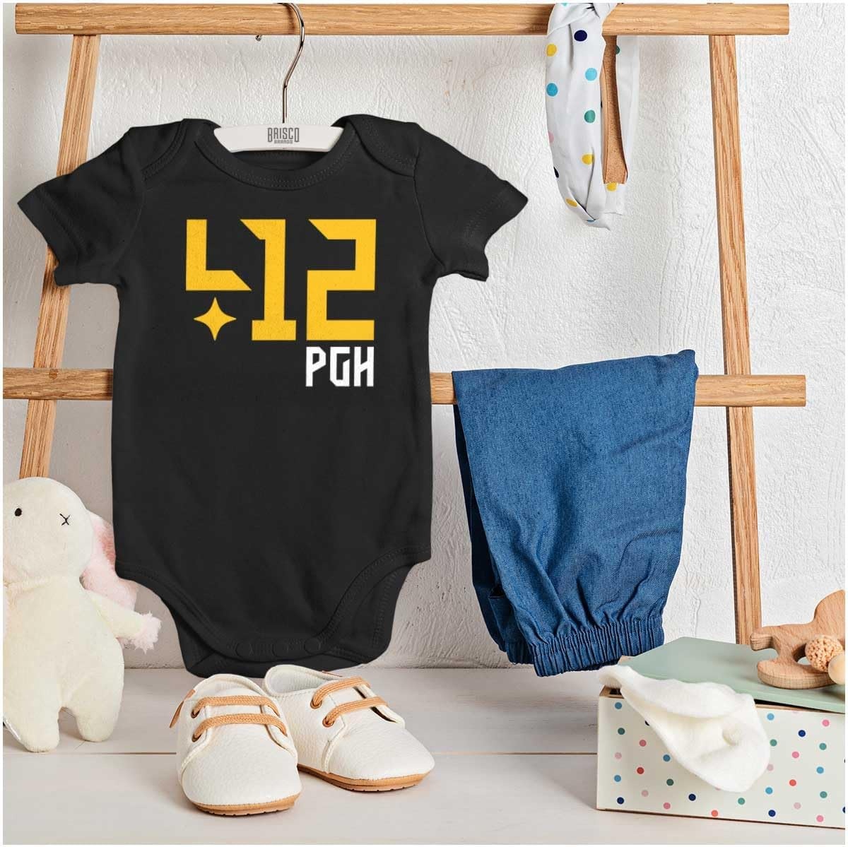 image:imageBrisco Brands 412 Pittsburgh Pennsylvania Area Code Baby Romper Boys or GirlsBlack