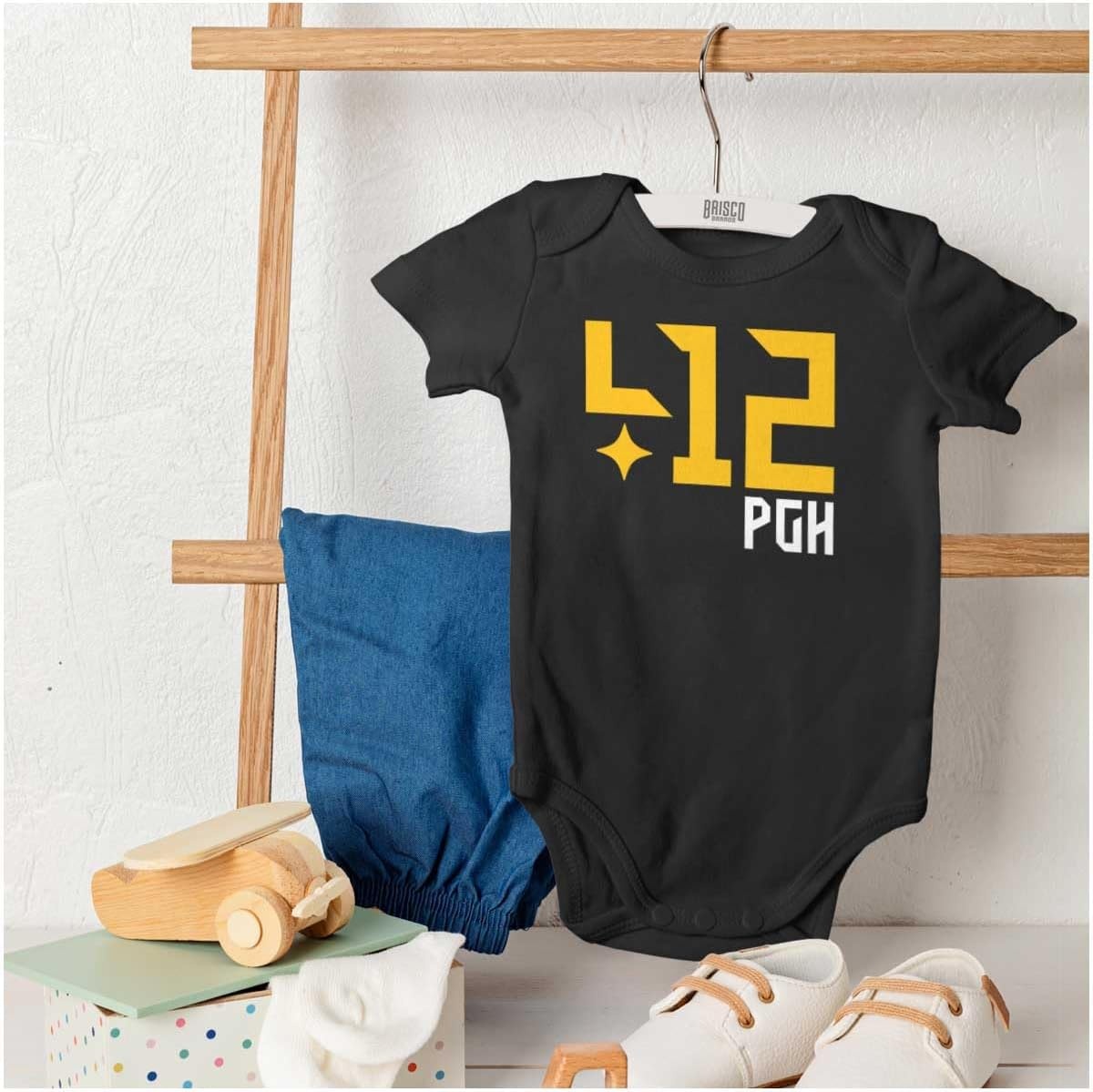 image:imageBrisco Brands 412 Pittsburgh Pennsylvania Area Code Baby Romper Boys or GirlsBlack