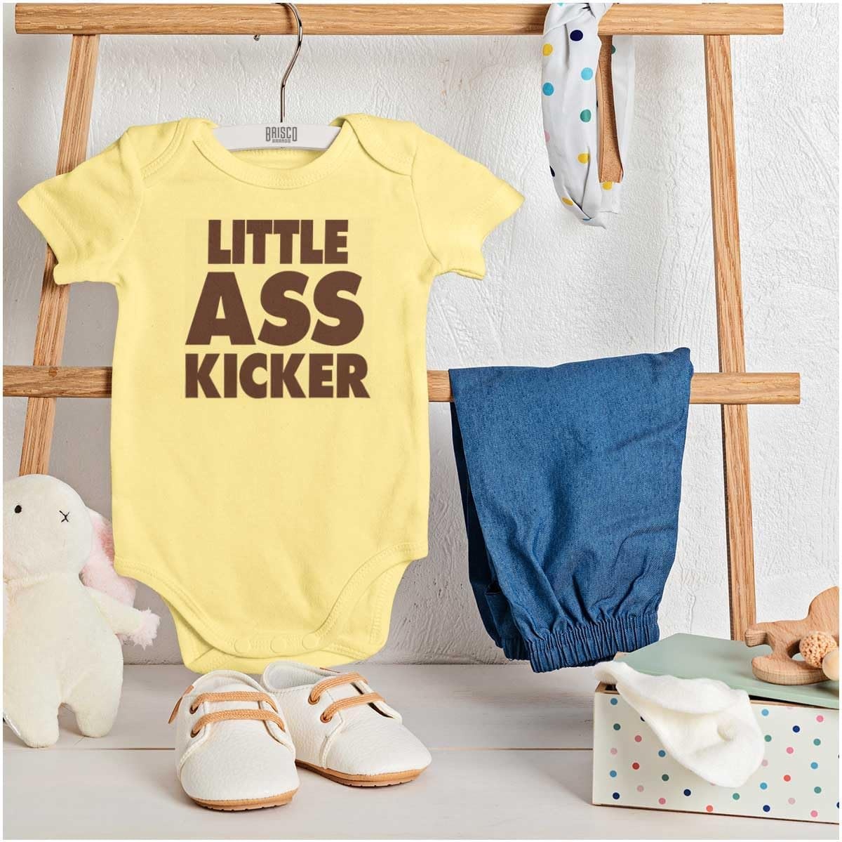 image:imageBrisco Brands Funny Attitude Little Ass Kicker Baby Romper Boys or GirlsBanana