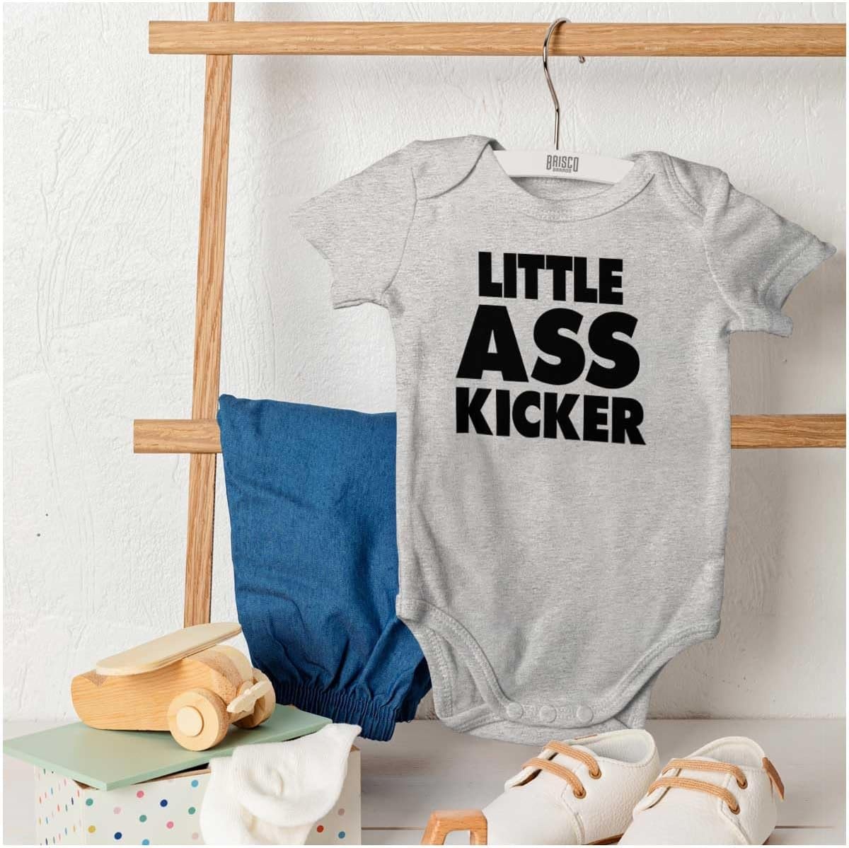 image:imageBrisco Brands Funny Attitude Little Ass Kicker Baby Romper Boys or GirlsHeather