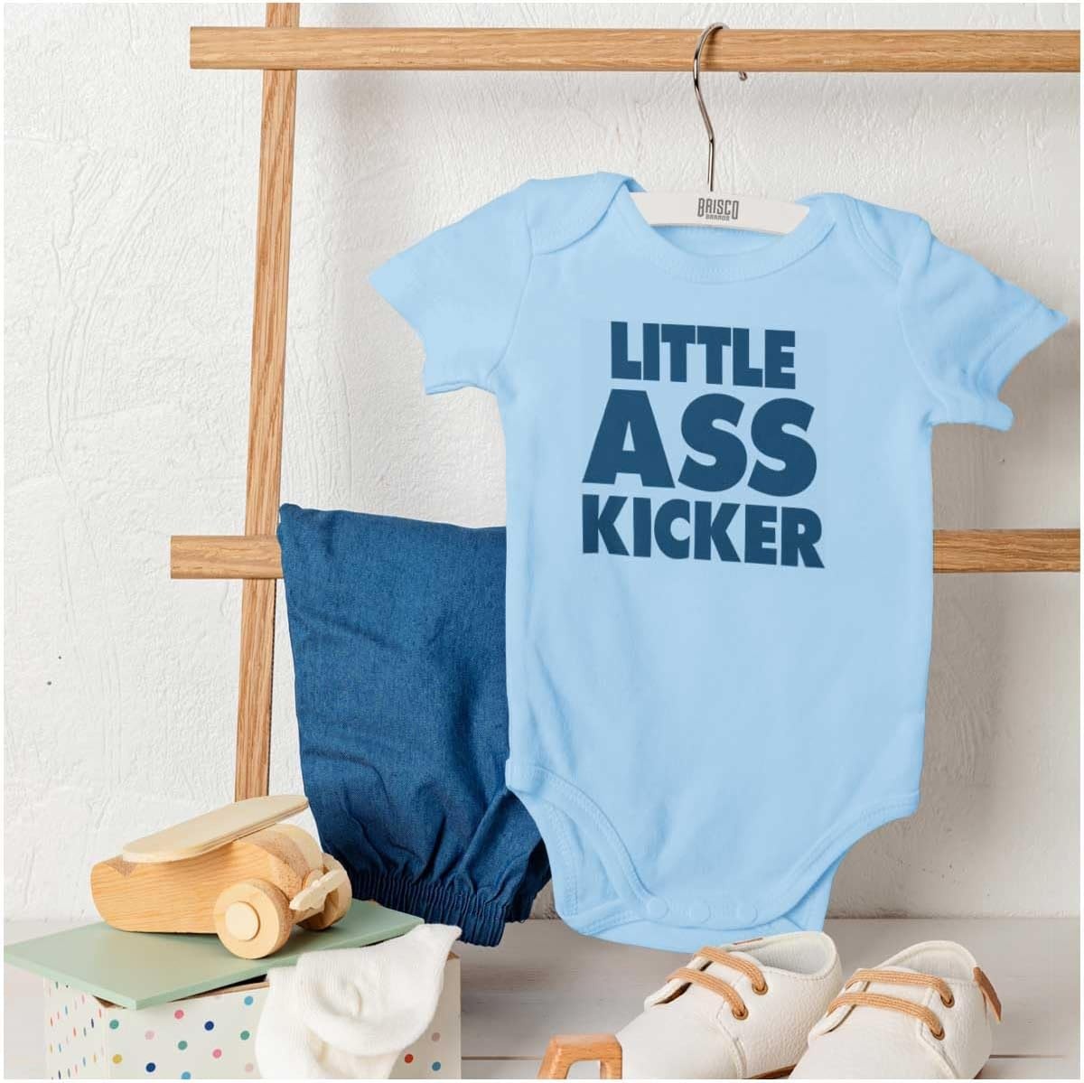 image:imageBrisco Brands Funny Attitude Little Ass Kicker Baby Romper Boys or GirlsLight Blue