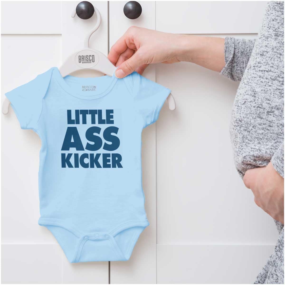 image:imageBrisco Brands Funny Attitude Little Ass Kicker Baby Romper Boys or GirlsLight Blue