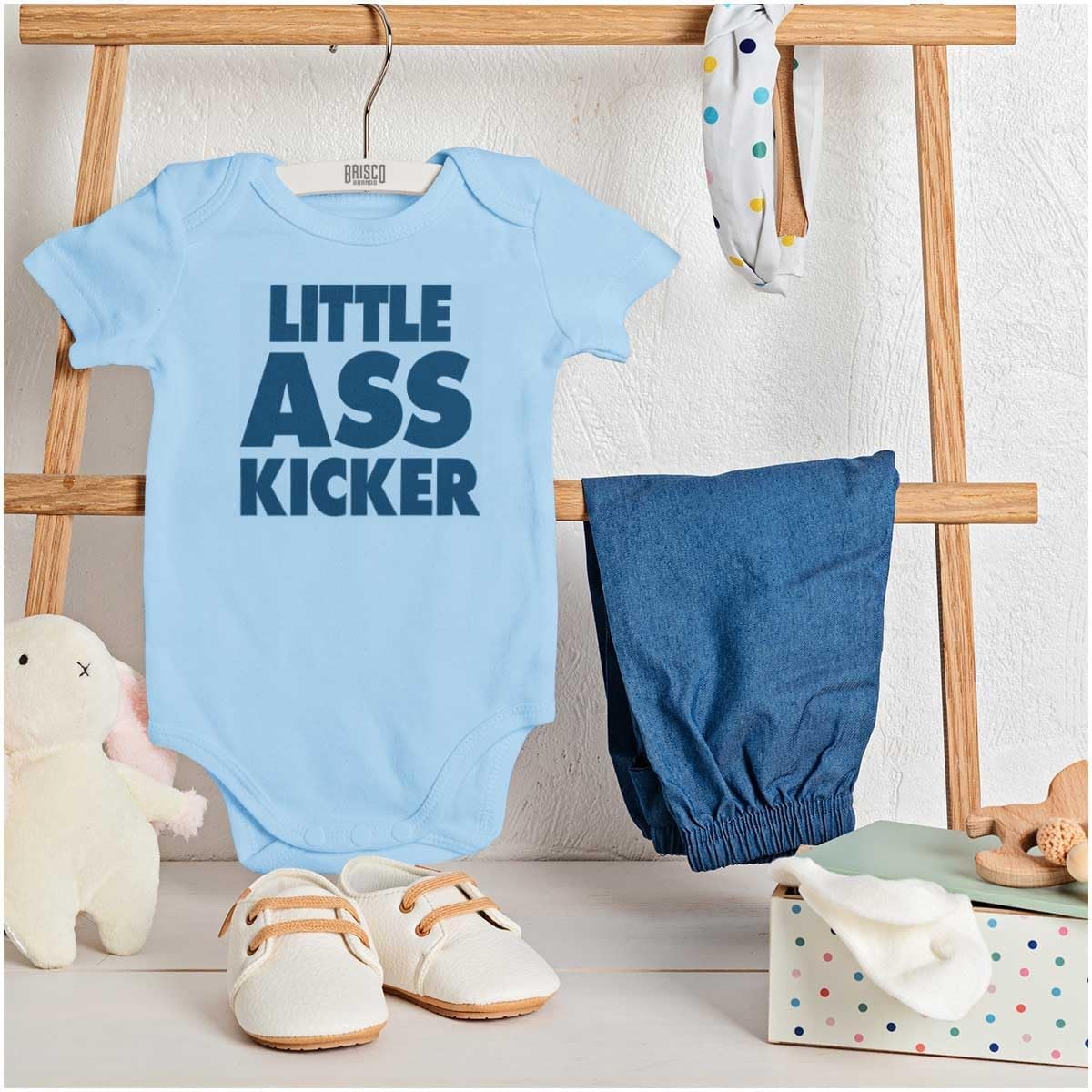 image:imageBrisco Brands Funny Attitude Little Ass Kicker Baby Romper Boys or GirlsLight Blue