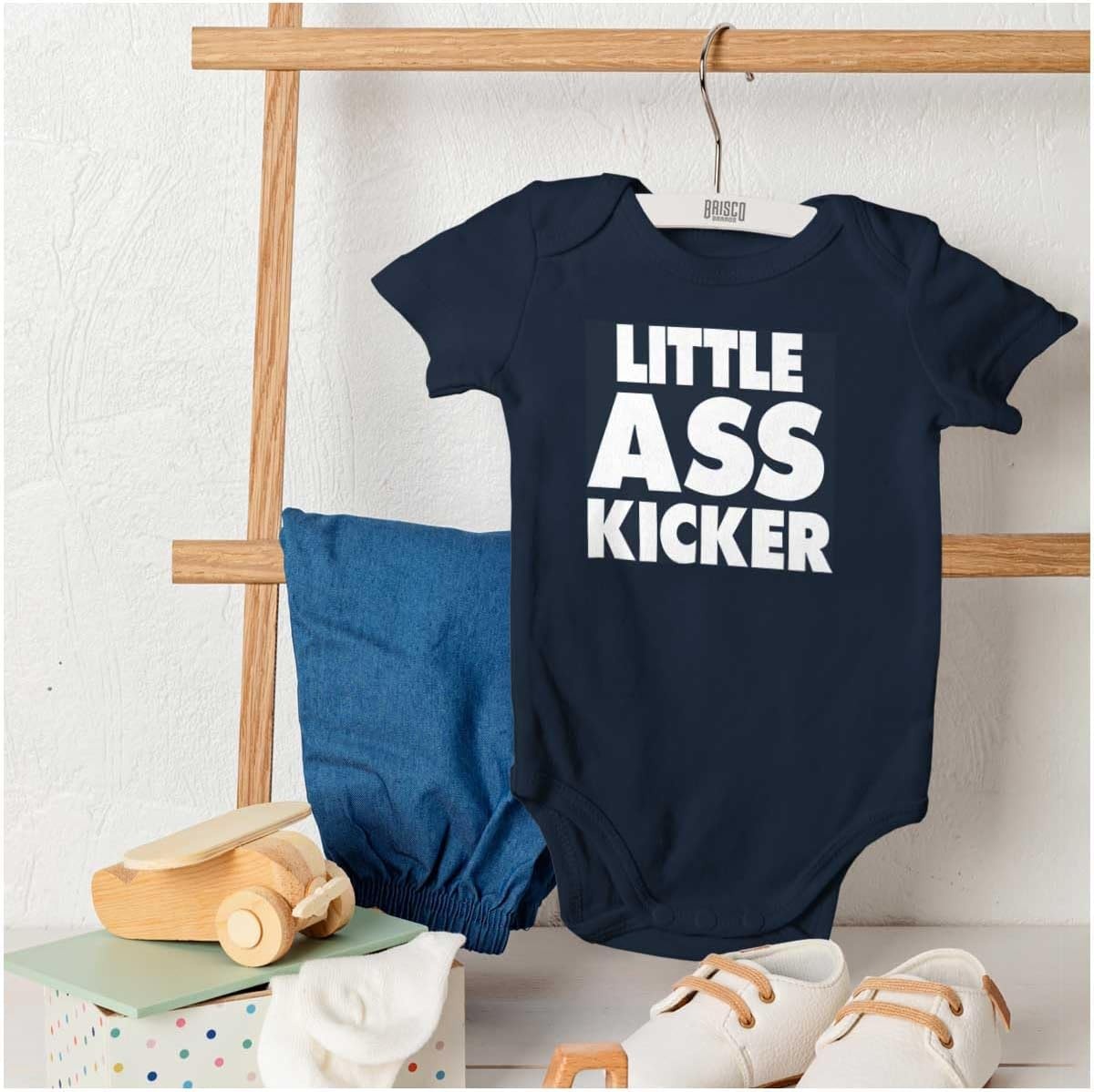 image:imageBrisco Brands Funny Attitude Little Ass Kicker Baby Romper Boys or GirlsNavy