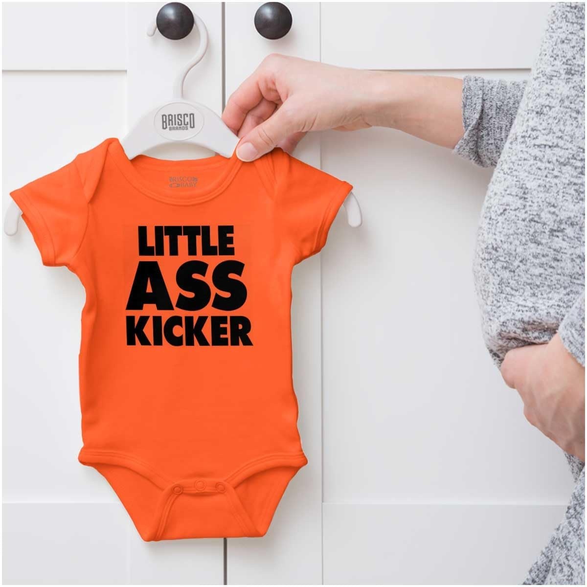 image:imageBrisco Brands Funny Attitude Little Ass Kicker Baby Romper Boys or GirlsOrange