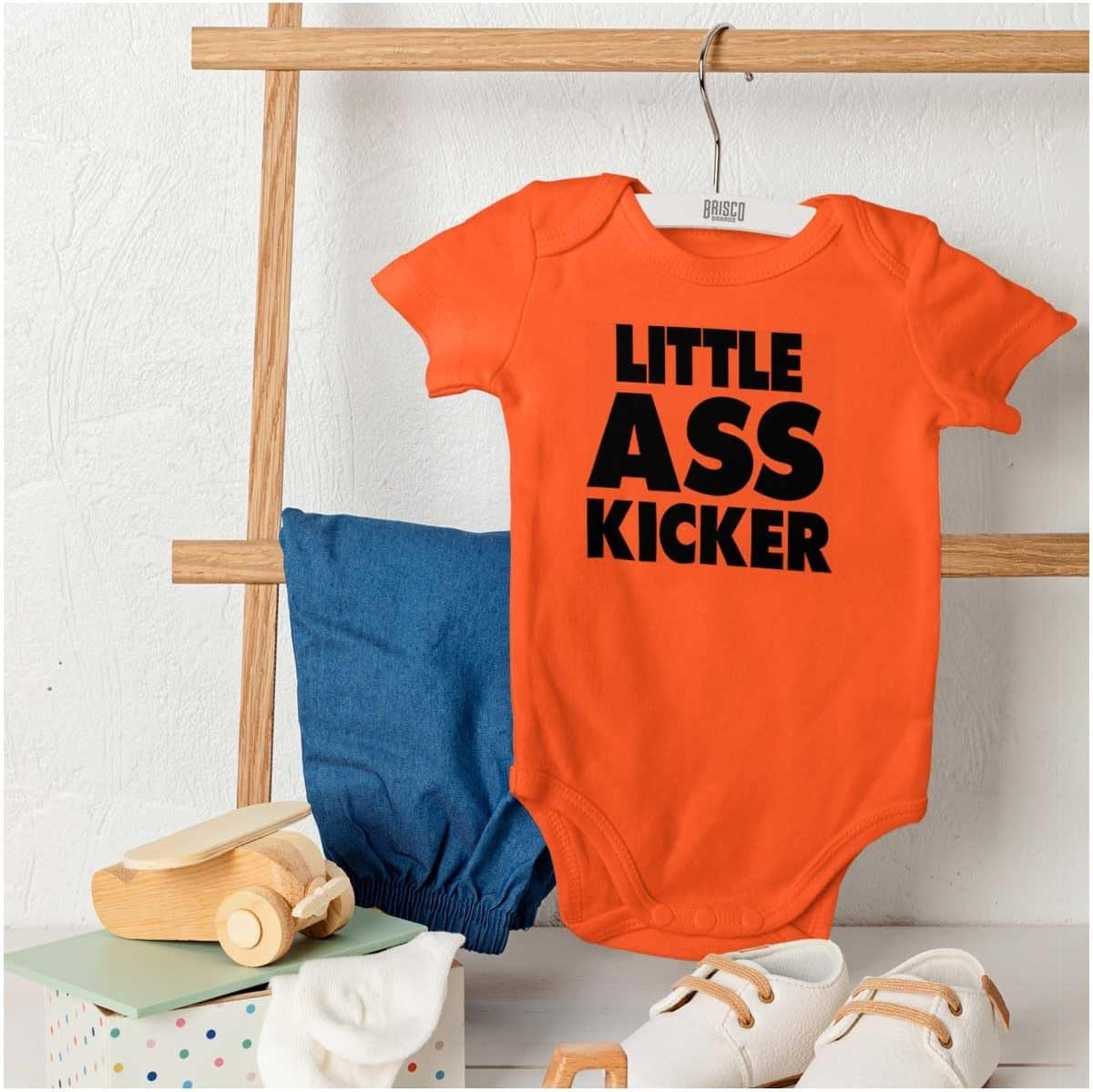 image:imageBrisco Brands Funny Attitude Little Ass Kicker Baby Romper Boys or GirlsOrange