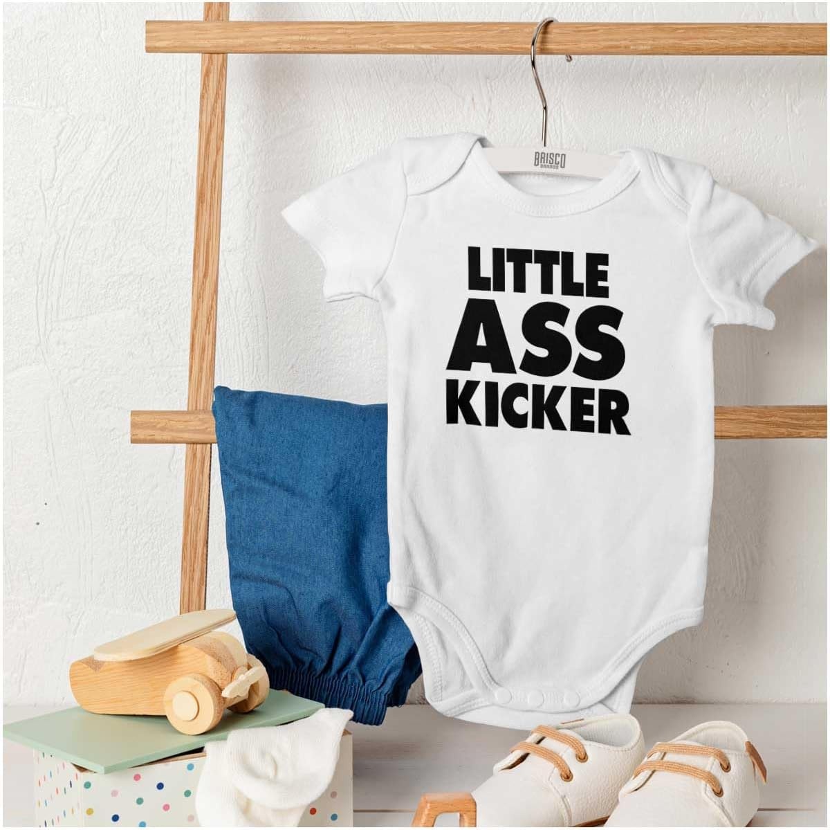 image:imageBrisco Brands Funny Attitude Little Ass Kicker Baby Romper Boys or GirlsWhite